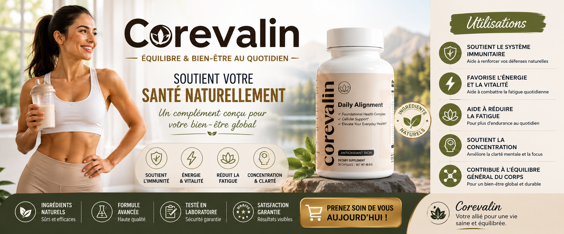 Corevalin benefits overview banner with bottle and natural ingredients