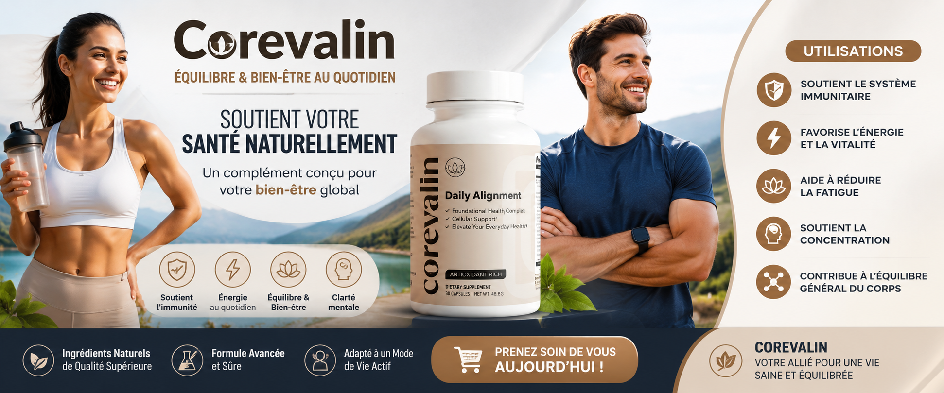 Active man and woman with Corevalin supplement outdoors by a lake